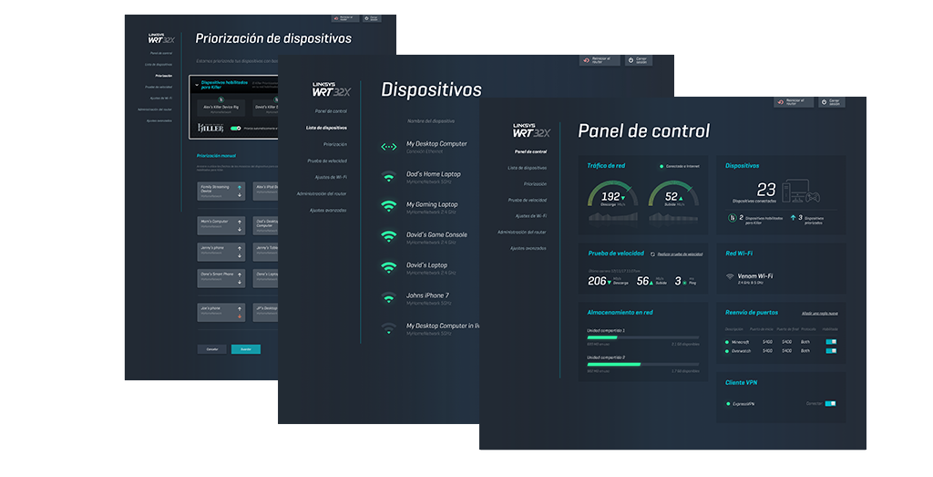 Verifique las velocidades de tráfico de red, estado de almacenamiento de red y VPN Capturas de pantalla de interfaces del tablero